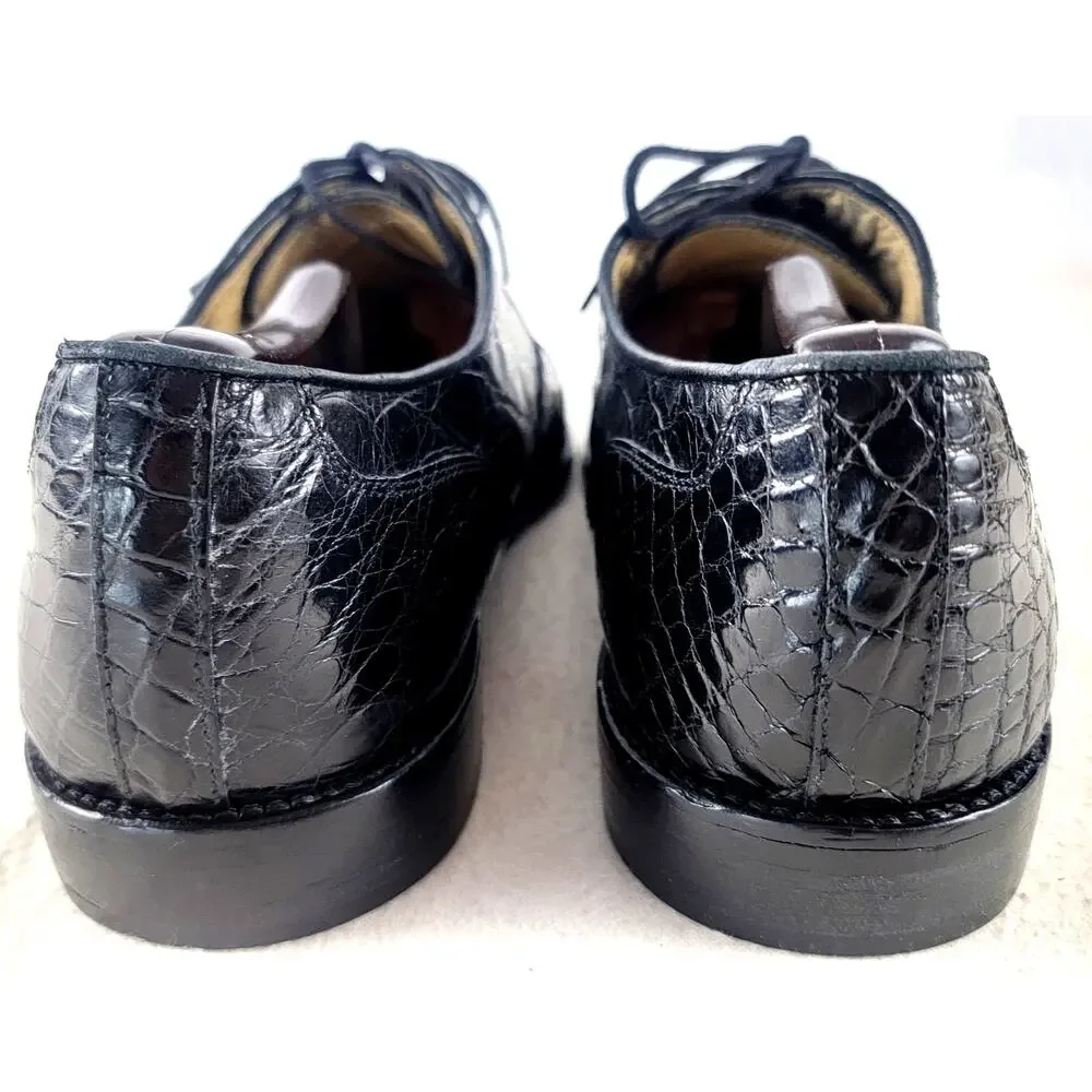 Zelli Genuine Alligator Cap Toe Oxford Shoes Black 10.5M Italy Luxury Exotic